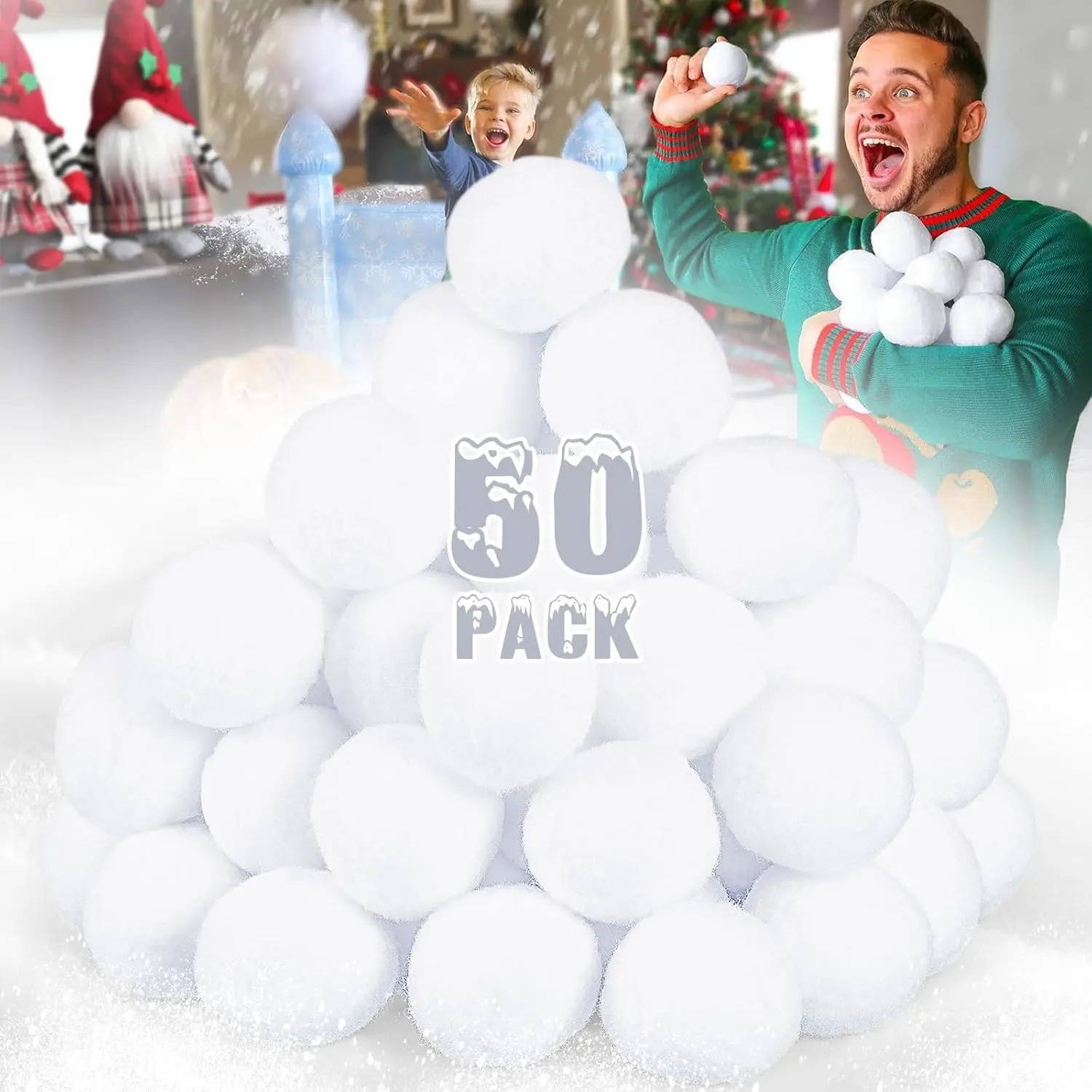 50 Pack Fake Snow Ball, 2-inch Indoor Snow Fight Ball Set, Soft Artificial Snow Fight Balls for Kids, Fake Snowballs for Christmas Games & Party Decorations, Indoor Snowballs for Winter School Party