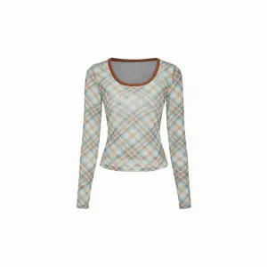 Cider Plaid Scoop Neckline Long Sleeve Contrasting Binding See-through Top