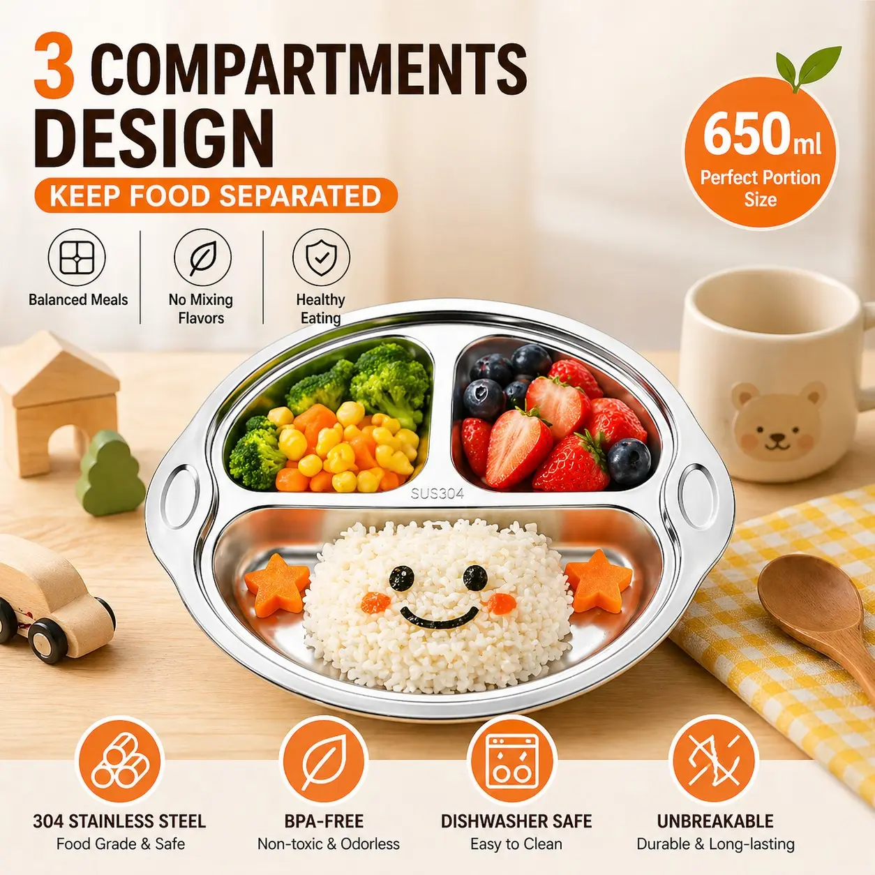 Stainless Steel Kids Divided Plate | 304 Toddler Dinner Tray, BPA-Free Unbreakable Section Plate, Dishwasher Safe for Daily Meals