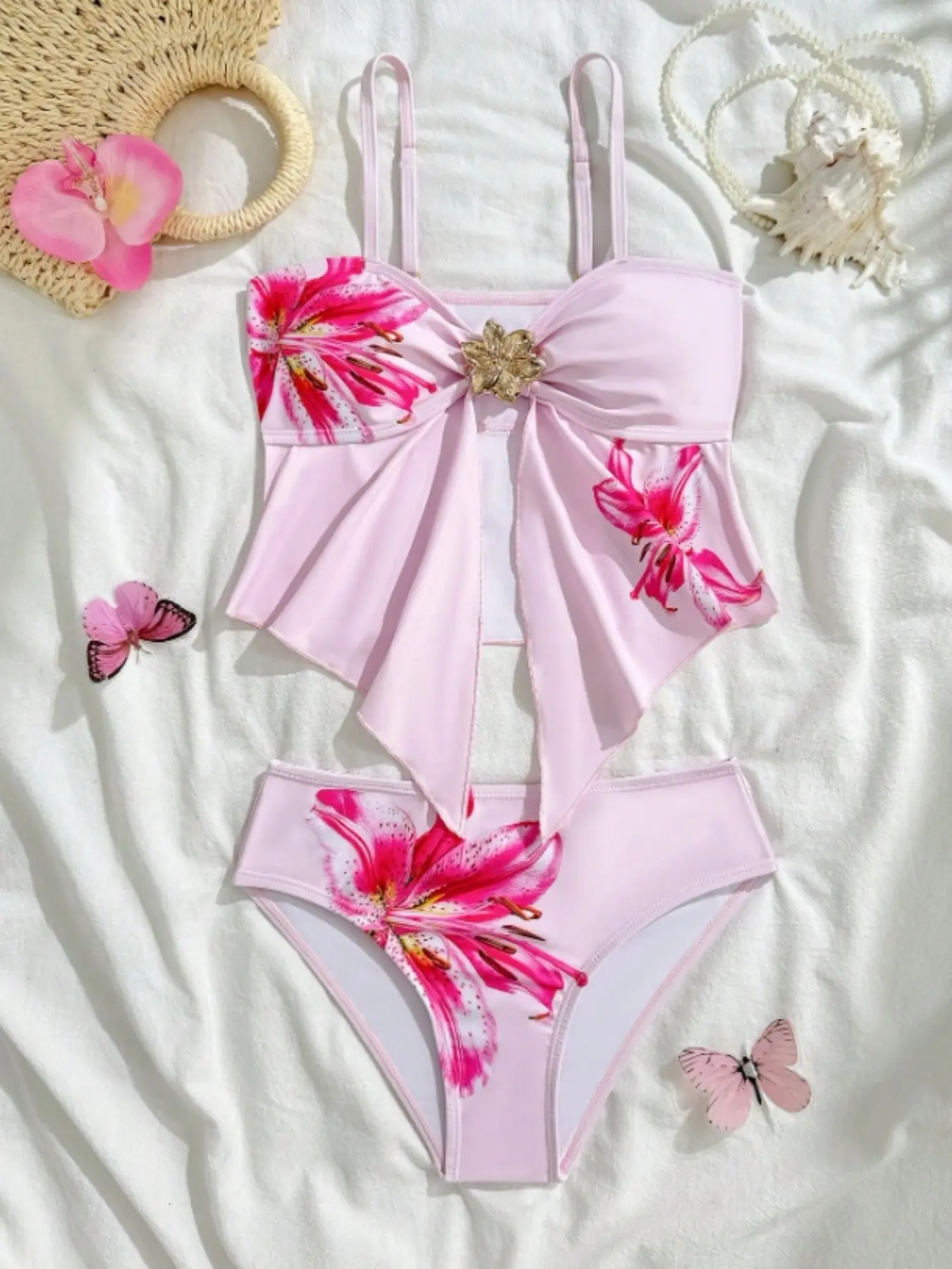 Women's Strapless Bikini with Large Floral Pattern, Floral Print Bikinis, Sexy Fashion Beach Swimsuit, Stylish Summer Swimwear for Women, High Waist Swimsuit, Floral Print Swimsuits, Bandeau Bikini Sets