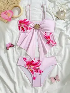 Women's Strapless Bikini with Large Floral Pattern, Floral Print Bikinis, Sexy Fashion Beach Swimsuit, Stylish Summer Swimwear for Women, High Waist Swimsuit