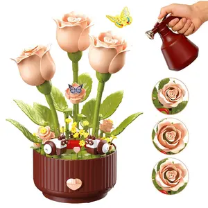 HEGOAI 334 Pieces Creative Floral Assembly Kit with Lighting and Blooming Animation Effects, Includes Remote-Controlled Watering Can (with Watering Sound Effects), Blooming Rose Building Block Gift Set