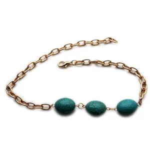 TFJ Women Fashion Boot Bracelet Bling Metal Chains High Heels Shoes Turquoise Blue Beads Charm Gold