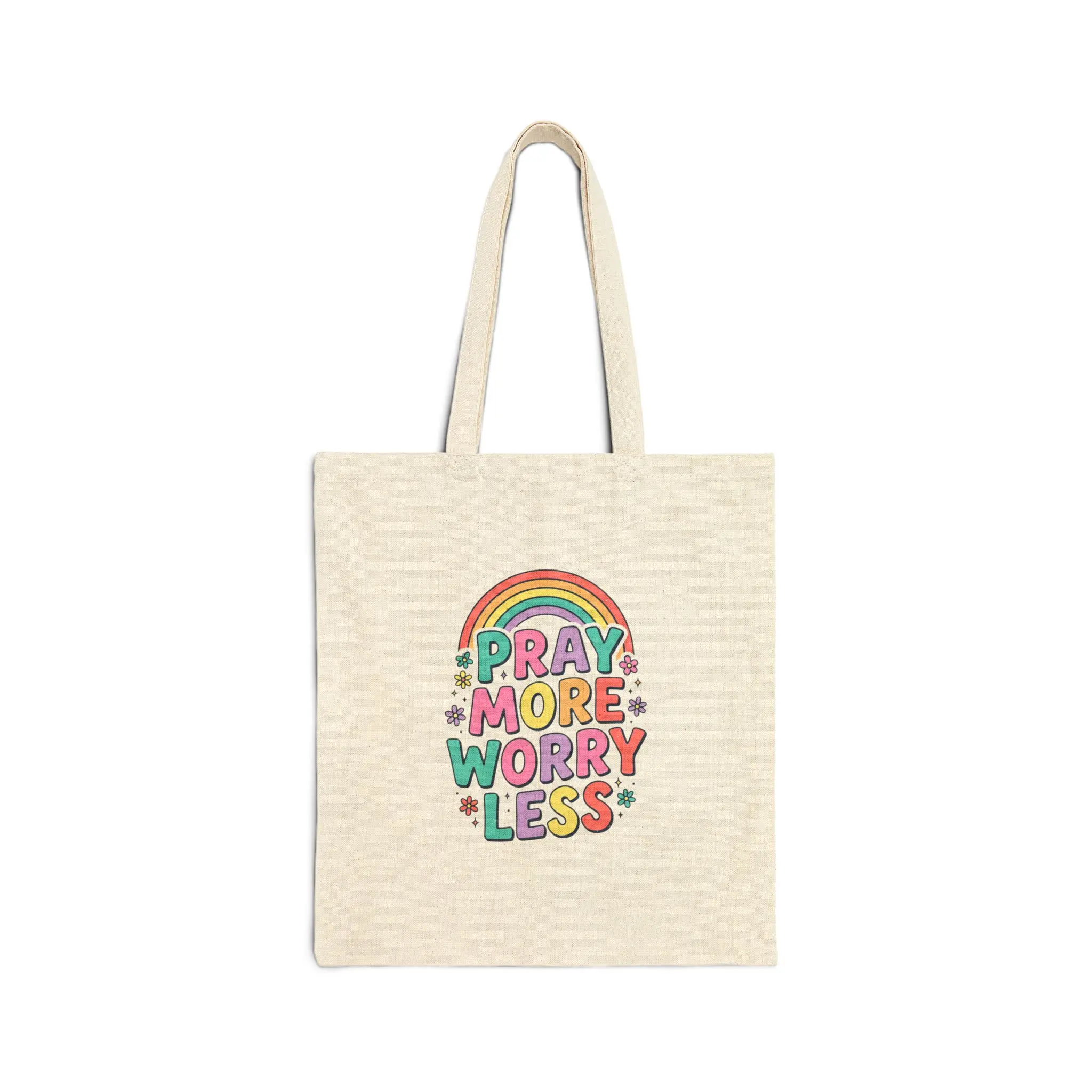 Women's Canvas Tote Bag - Pray More Worry Less, Casual, Christian Rainbow Scripture, Hand-Lettered Look, Double Handle, Ideal for Church Activities, Cold Wash Compatible, Lightweight, Natural, Rainbow Scripture Design, Colorful Graphic Bold Phrase Women's