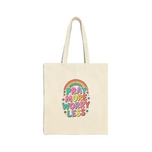 Pray More Worry Less tote | Canvas Christian rainbow scripture design
