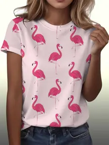 Flamingo Full Print Polyester Short Sleeve T-Shirt, Casual Fitted Women's Top, Daily Wear, Random Print, Summer Fashion