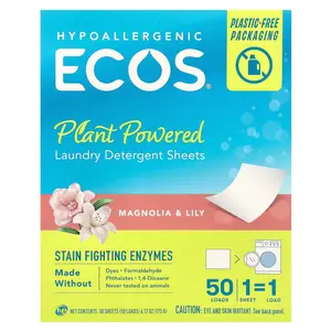 Earth Friendly Products Ecos®, Plant Powered Laundry Detergent Sheets, Magnolia & Lily, 50 Sheets