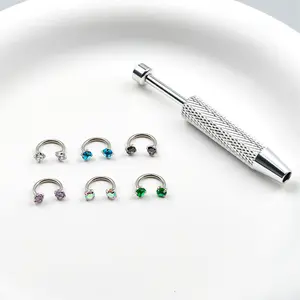6pcs Value Pack 18G 1.0mm 8mm Horseshoe Nose Hoop Internally Threaded Gems Nose Ring with Free Ball Holder & Guiding Needle