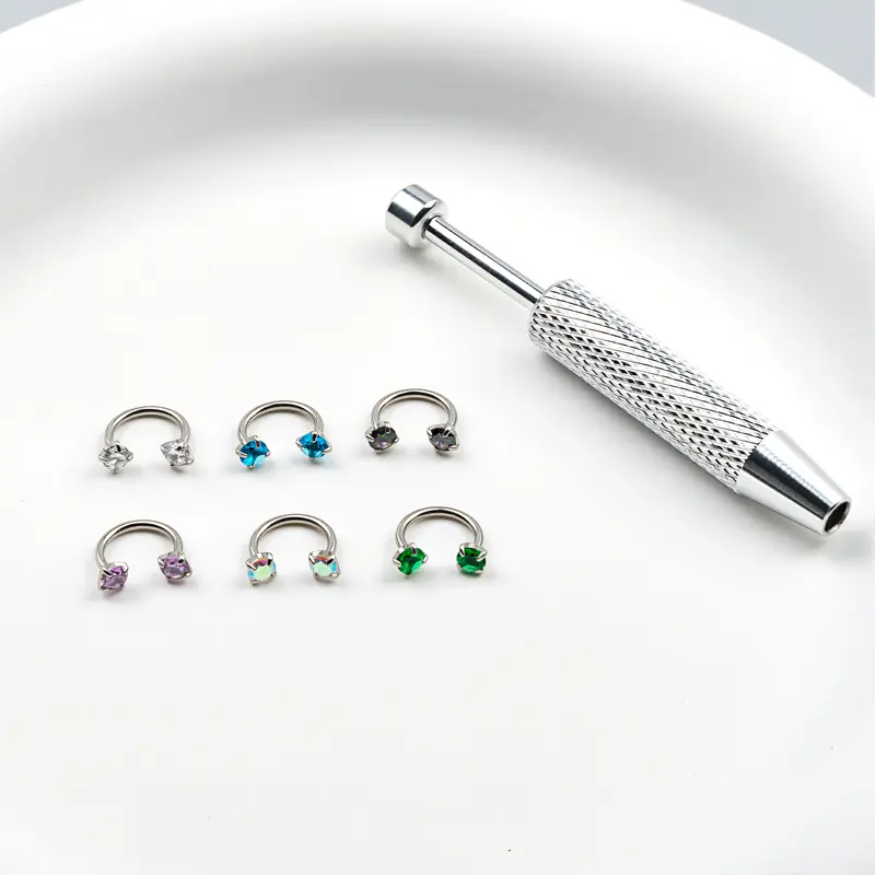 6pcs Value Pack 18G 1.0mm 8mm Horseshoe Nose Hoop Internally Threaded Gems Nose Ring with Free Ball Holder & Guiding Needle