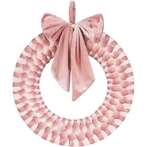 Pink Christmas Velvet Wreath 14" Xmas Wreath Ornament with Bow for Indoor and Outdoor Decor Christmas Wreath Ornament for Christmas Party Table Fireplaces Porch Walls Home Decor