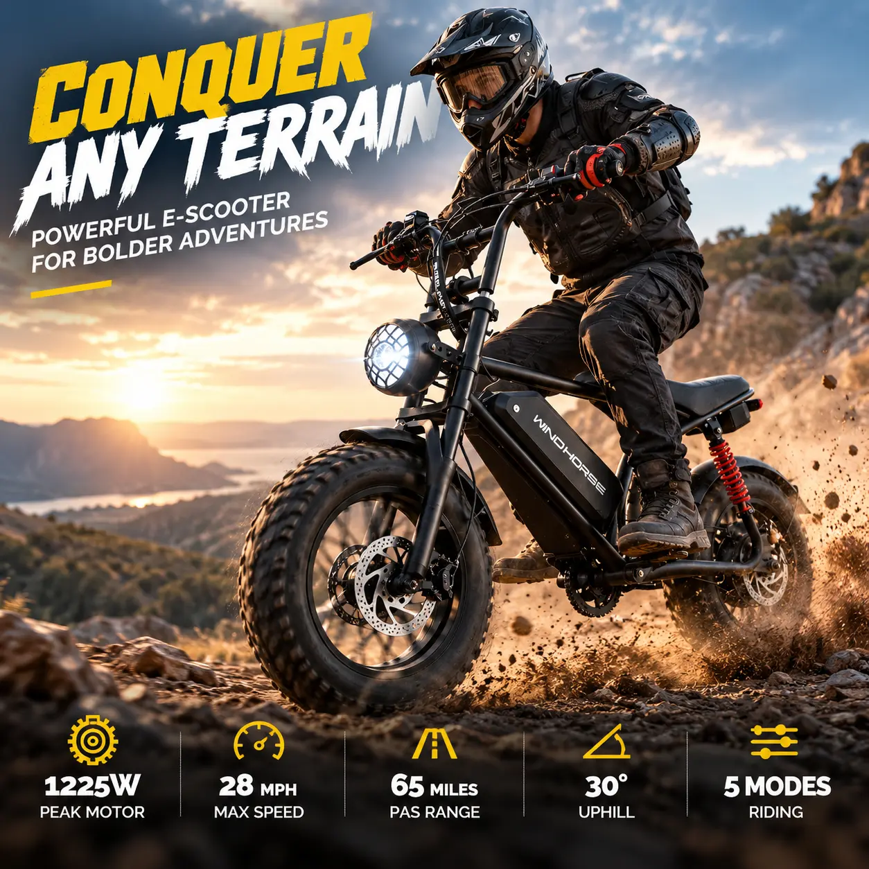 WIND HORSE V8 All-Terrain Electric Bike for Youth & Adults - 16in Fat Tires Compact Mini Commuter, UL2849 Certified, Full Susp., 15.6Ah Battery, Bluetooth Speaker, Moto Sound Alarm, Adjustable Speed (20-28 MPH), 300 – 349 Lb Capacity, Urban Mobility Bikes