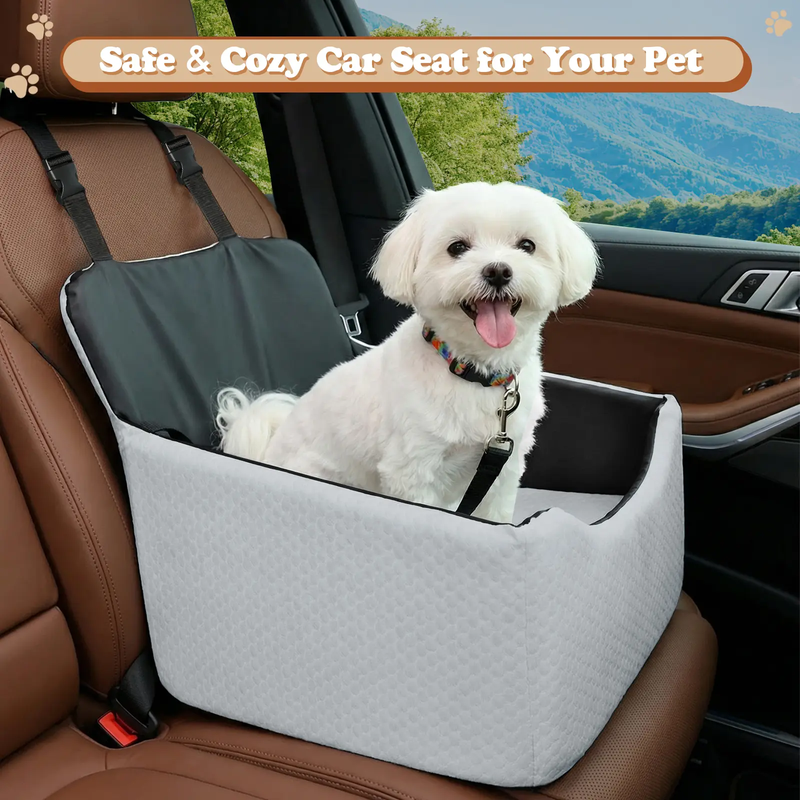 【tiktokshopstockup】 Cozila Dog Car Booster Seat - All-Season Enclosed Fabric Design with Seat Belt Straps, Snap, Double-Sided Features, Internal Safety Tether, Non-Slip Waterproof Surface, Machine Wash Pet Travel Accessory sohochic