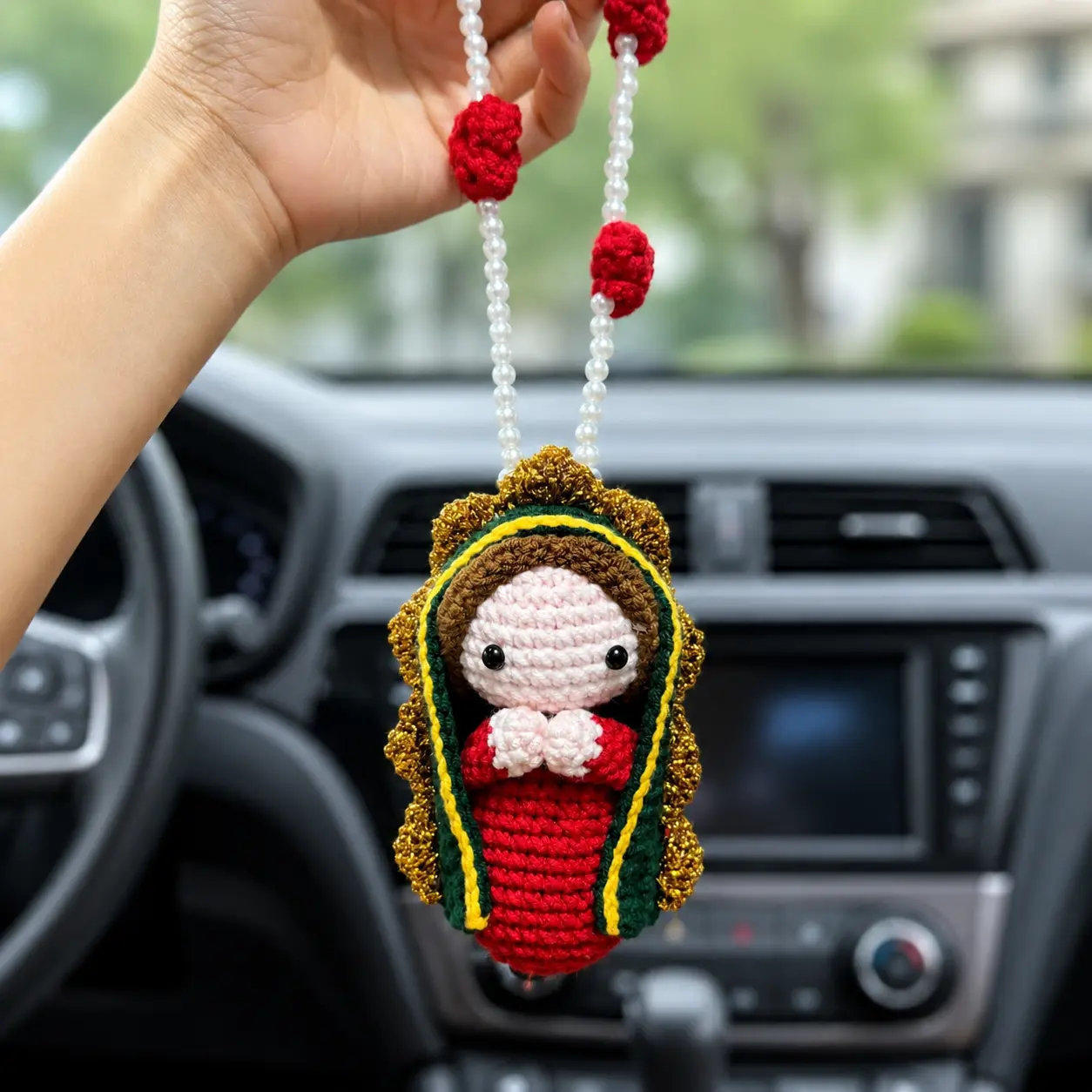 Handmade Crochet Car Rearview Mirror Hanging Ornament, Cute Mary Statue Car Interior Decoration, Car Rearview Mirror Pendant, Car Accessories