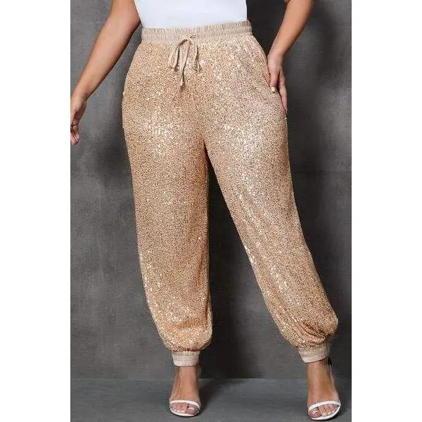 Plus Size Sequin Drawstring Joggers with Pockets