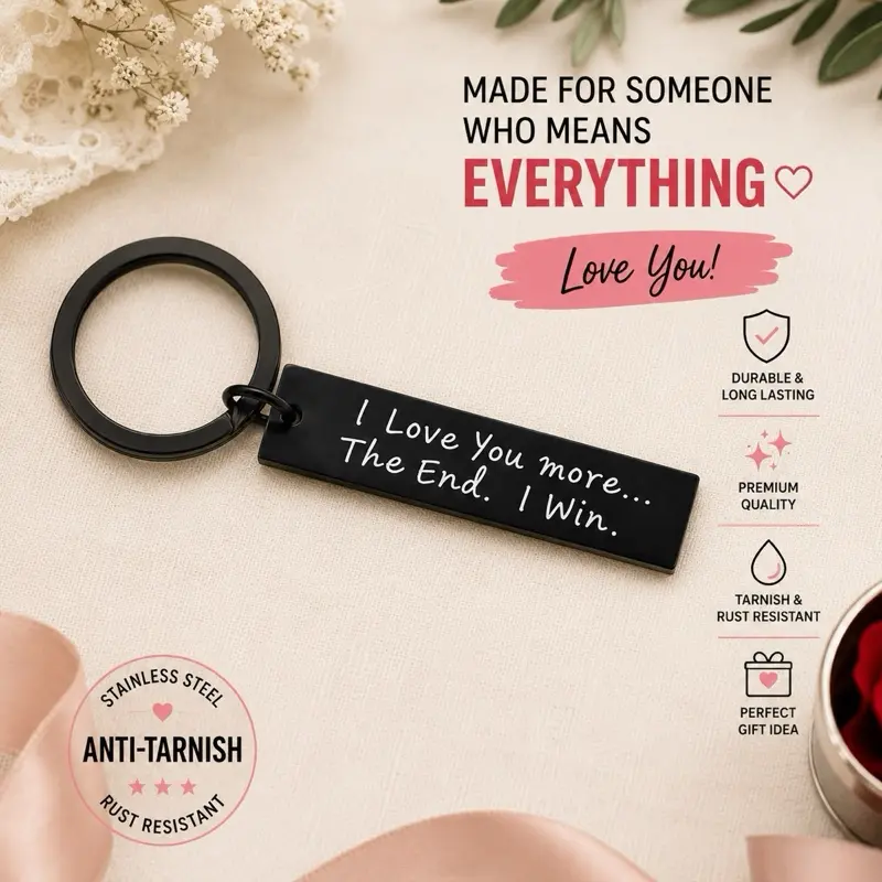 " I Love You More The End I Win" Stainless Steel Romance Keychain - 1.96x0.47in Compact Practical Unisex Custom Text Keychain with Split Ring, Boyfriends Custom Gifts with Unisex Appeal, All Occasions Durable Fashion Accessory