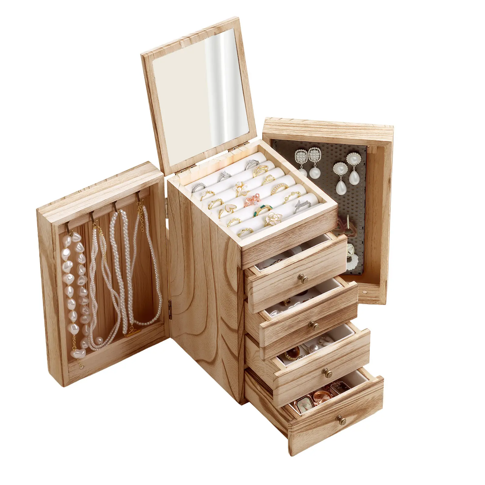 Retro Style Wooden Jewelry Box with Built-In Makeup Mirror, 5-Tier Large Capacity Organizer with 4 Independent Drawers, Double Side Hanging Doors & Metal Ring Tray, Ideal Women's Gift (Home Organizer Storage Box)