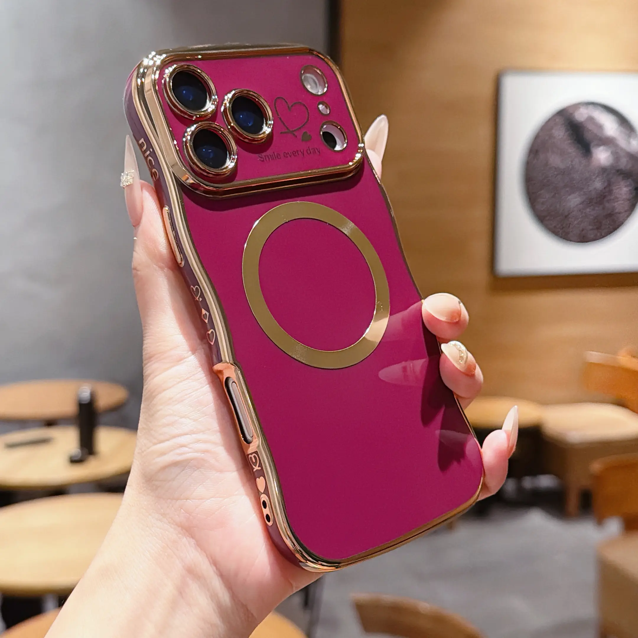 Magnetic Wave Case for iPhone 18 Pro Max/17/16/15/14/13 Series, MagSafe Compatible Cute Curly Edge Phone Cover with Love Heart Design, Plated Shockproof Bumper for Women and Girls