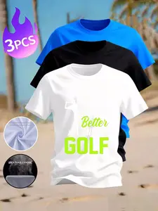 3PCS Men's Golf Graphic Tees, "Life Is Better With Golf" Breathable Short Sleeve T-Shirts, Golf Lover Casual Tops