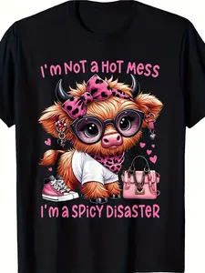 Humorous Unisex Spicy Disaster Graphic Tee Featuring Adorable Highland Cow Wearing Glasses with Playful Slogan