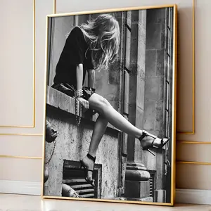 2D Flat, 2D Flat, Frameless Black And White Retro Minimalist Canvas Wall Art Featuring an Elegant Girl Stretching Her Legs by The Window. This And Odorless Vertical Decorative Painting Is Perfect for Bedrooms, Living Rooms, Offices, Dormitories