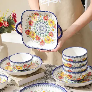 8-piece set of ceramic tableware, Bohemian, floral pattern, containing cereal bowl, noodle bowl, serving plate, can hold turkey, fruit salad and other delicacies, can be heated in the microwave and washed in the dishwasher, Ceramic dinnerware set