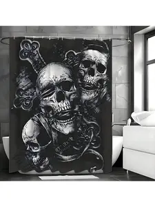 1Pc Gothic Three Skull Shower Curtain Set,12 Hooks,Options For Stylish Bathrooms Home Bathroom Decor Fall Decor Bathroom Accessories Back To School, Water Proof, Metal