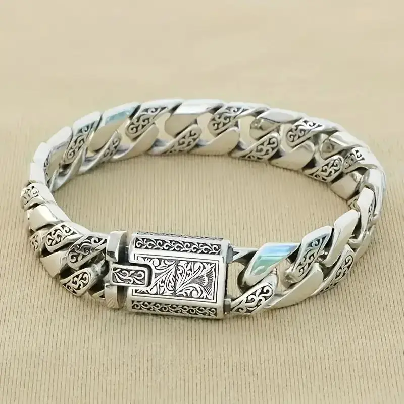 Vintage Engraved Cuban Link Bracelet, S925 Silver Plated Retro Pattern Curb Chain Wristband for Men