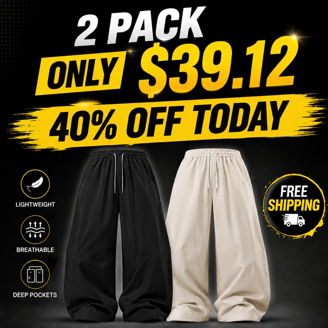 Men's Baggy Wide-Leg Parachute Cargo Pants - Menswear Clothes, All-Season Solid Plain, Lightweight Streetwear with Drawstring Waist and Side Pockets