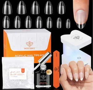 modelones X Nail Gel Kit Short Almond, 9-in-One Nail Glue with Mini UV Light 216Pcs 12Sizes Pre-Etched Press ons Fake Acrylic Extension Kit DIY Salon Gift for Women