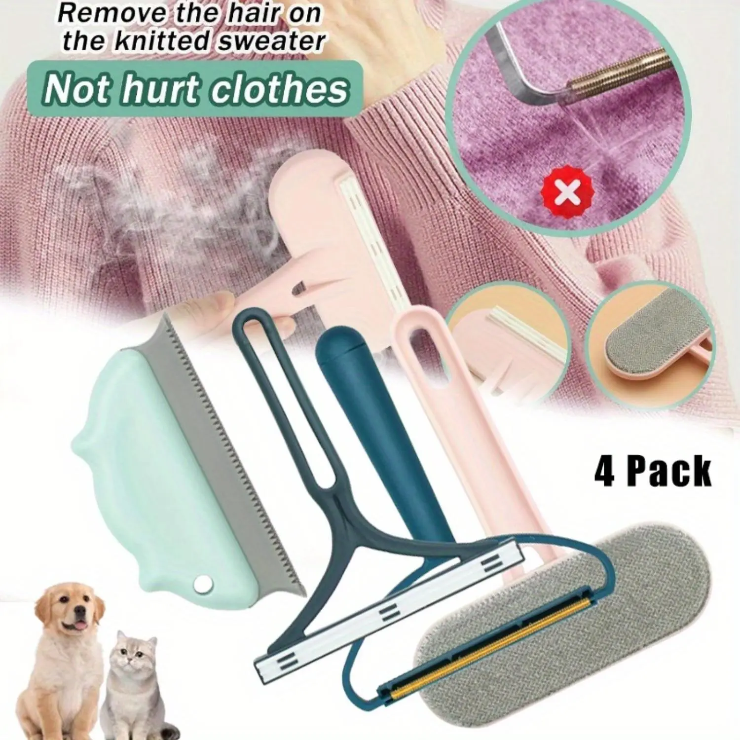 4-Pcs Pet Hair Remover Squeegee - Portable Carpet Scraper & Brush for Couch, Furniture, Car Mats, Home Care Supplies Gift