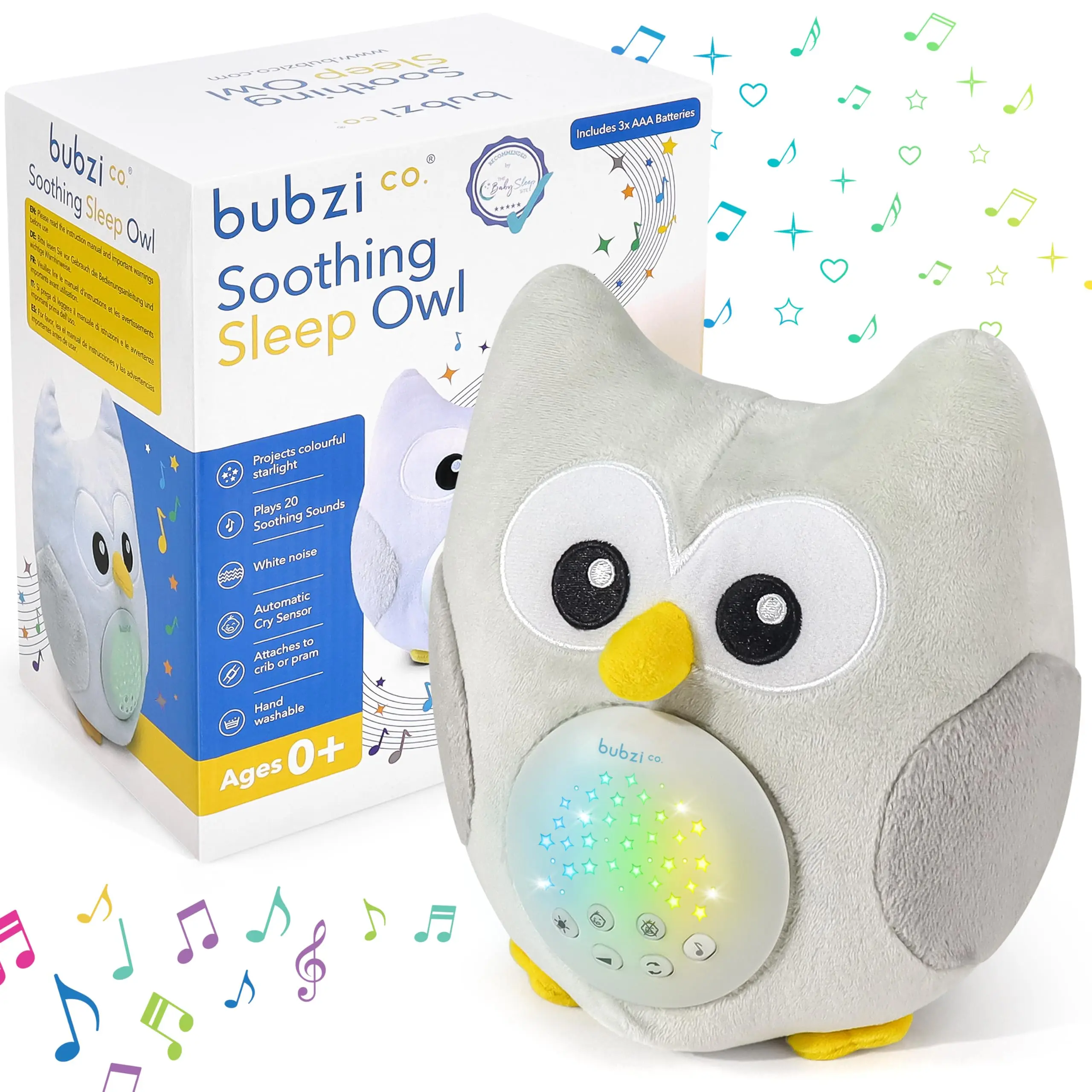 Bubzi Co Baby Sound Machine & Night Light Projector, Portable Infant Toddler Sleep Aid & Soother Sensory Plush