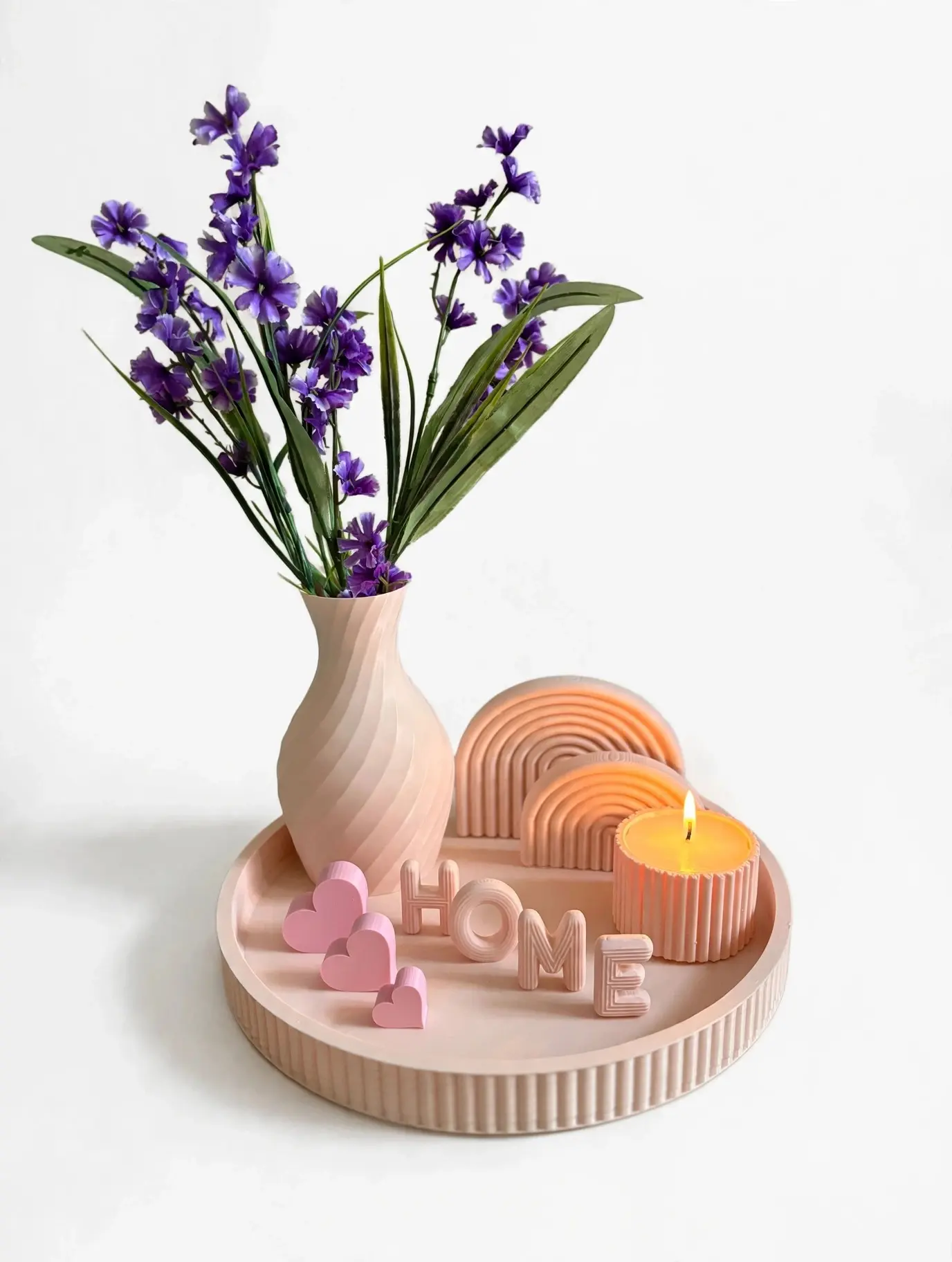 HOME Tray Set - 3D Printed Boho Centerpiece Kit with Bud Vase, Arches, Hearts and HOME Sign, Handmade Coffee Table Shelf Decor, Housewarming Gift