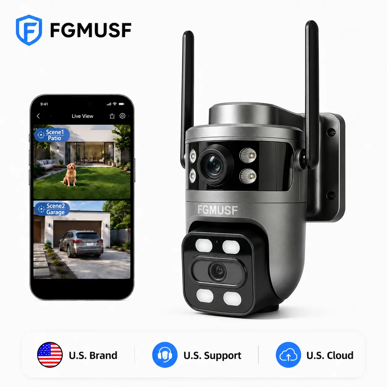FGMUSF One Camera. Two Views,Smart Wi-Fi Home Security Camera (Great Smart Home Gadget): 360° rotation, HD full-color night vision, motion detection, two-way audio, easy installation, remote viewing support, and support for both TF card and cloud storage.