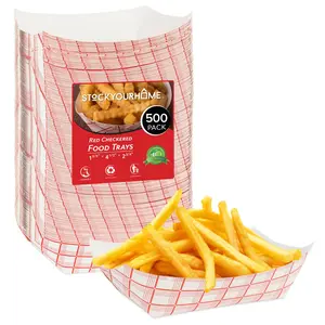 Stock Your Home 500 Pack 2 Lb Disposable Red & White Checkered Paper Trays, Eco Friendly Serving Boats for Concession Food & Condiments, Nacho Trays