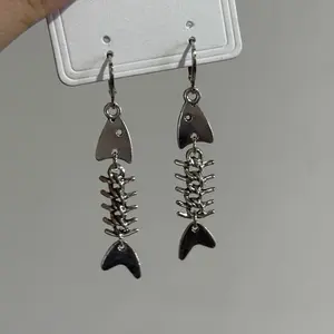 Barbed Wire Fish Skeleton Dangle Earrings Novelty Unique Funky Whimsical