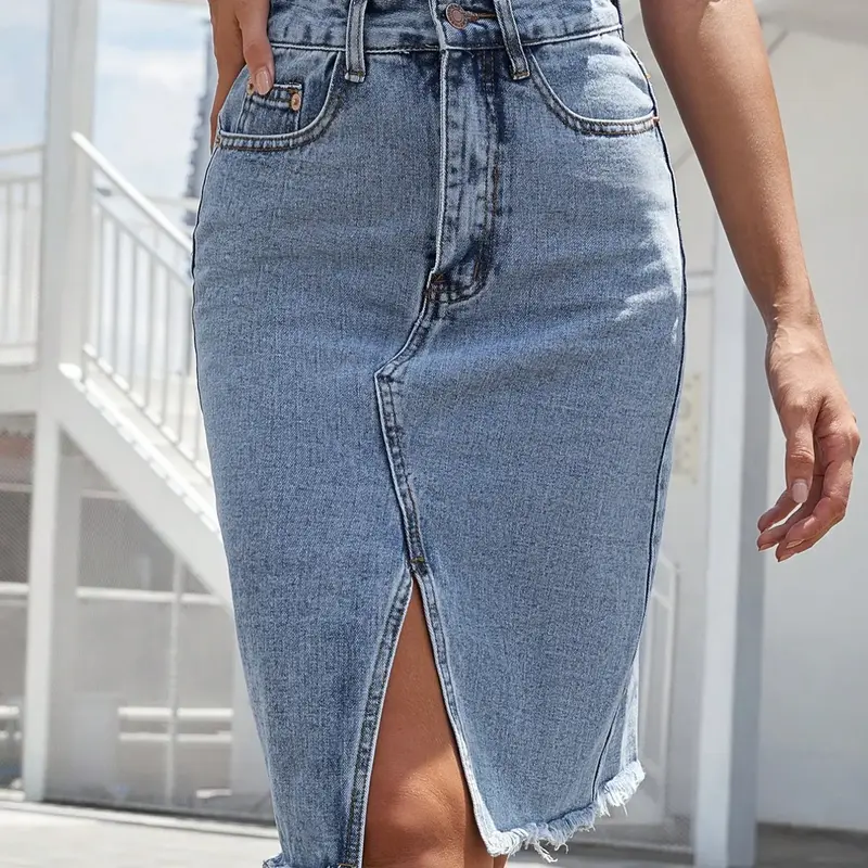 Elegant Casual Women's Summer Slim Fit Denim Skirt, Slit Hem Skirt, Frayed Hem Split Design, Perfect for Daily Wear, Stylish and Comfortable, High Waist Skirts, Casual Fashion Skirt