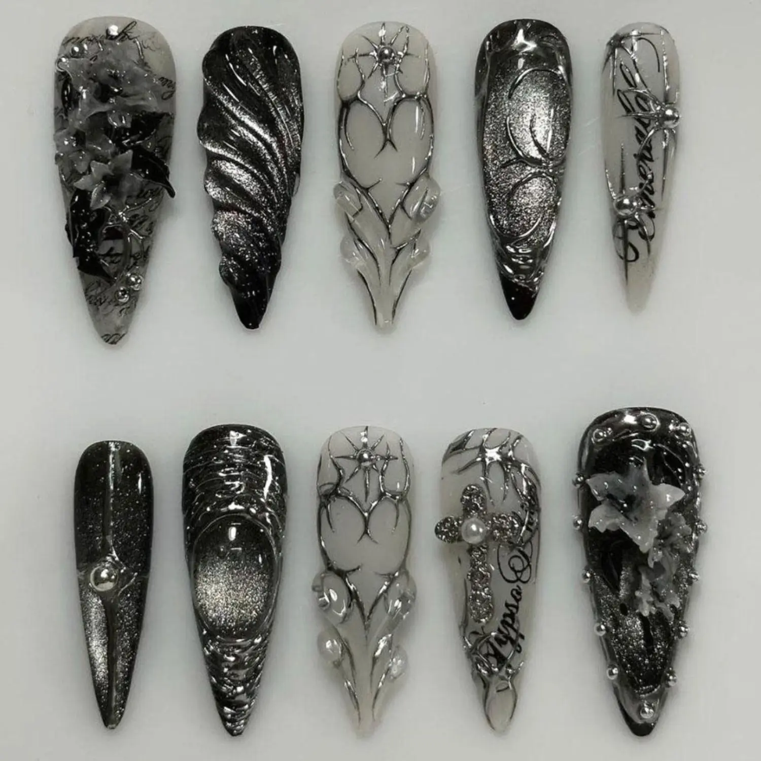 Midnight Gothic Floral Press-On Nails, Black Chrome Aura Design, 3D Sculpted Flowers, Silver Cross Details, Celestial Dark Fantasy Art Nails, Luxury Statement Set for Alternative Fashion