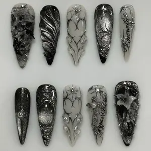 Midnight Gothic Floral Press-On Nails, Black Chrome Aura Design, 3D Sculpted Flowers, Silver Cross Details, Celestial Dark Fantasy Art Nails, Luxury Statement Set for Alternative Fashion