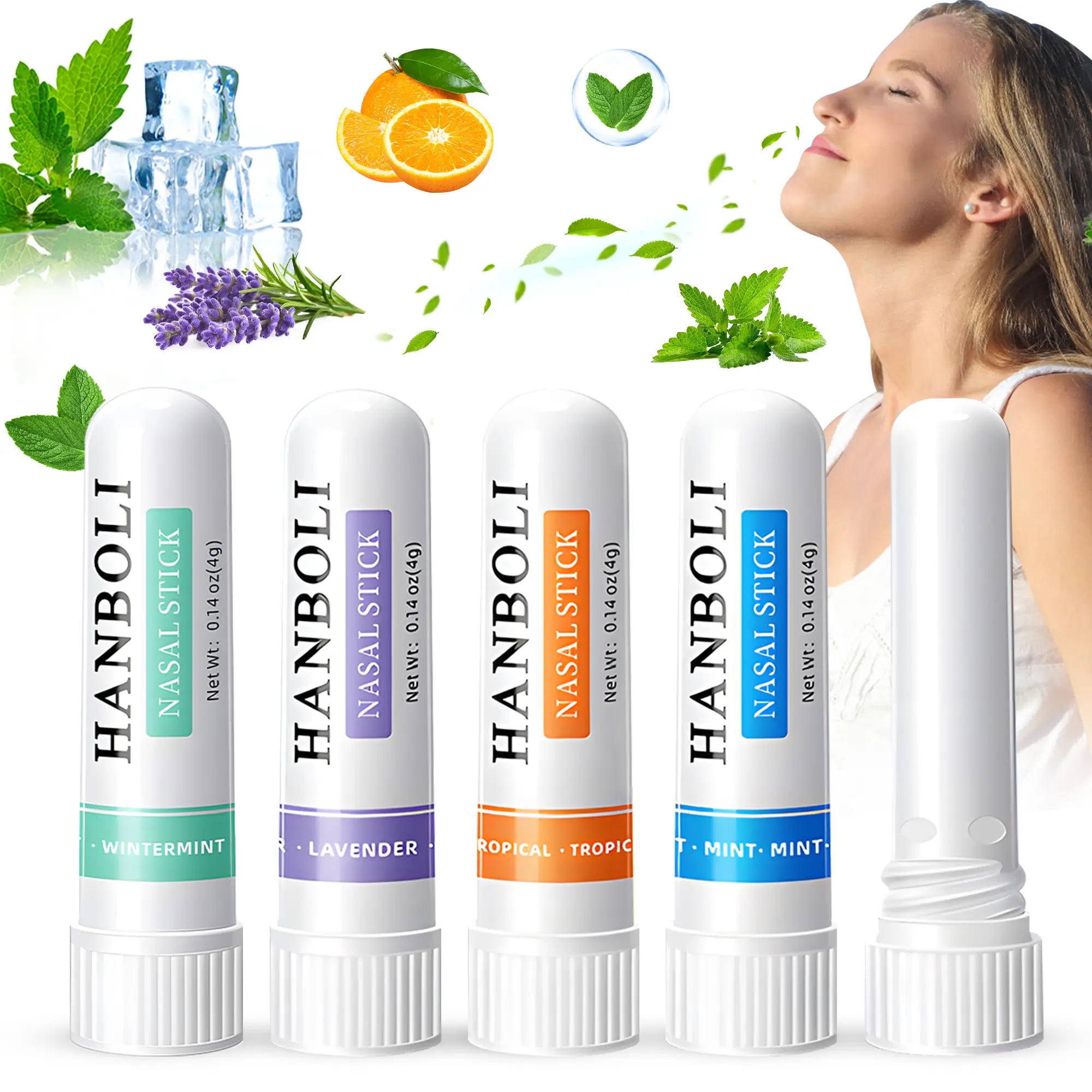 Nasal Stick 4-Piece Set Portable Inhaler Refreshing Invigorating Relief for Sinusitis Allergies with Mint Tropical Juniper Lavender Fragrances Pure Natural Ingredients Non-Chemical Compact Convenient