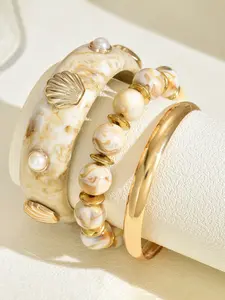 Boho Shell Pearl Resin Beaded Bracelet Set, Exaggerated Layered Bohemian Style, Boho Style Bangles, 3 Piece Stackable Jewelry for Women