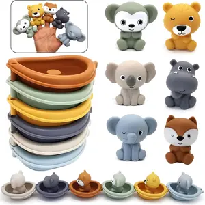 Children Bath Toys Stackable Floating Boat, Baby Bathtub Play Water Stacking Boats, Animal Finger Puppets, 6/12 Pieces Set, Suitable for 1-3 Years, Bath Time, Bath Experience, Engaging Play