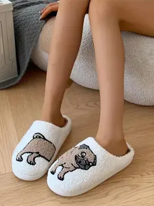 Cute Cartoon Dog Pattern Plush Slippers, Casual Soft Comfortable Home Slippers, Warm Slippers for Indoor & Outdoor Use for Fall & Winter