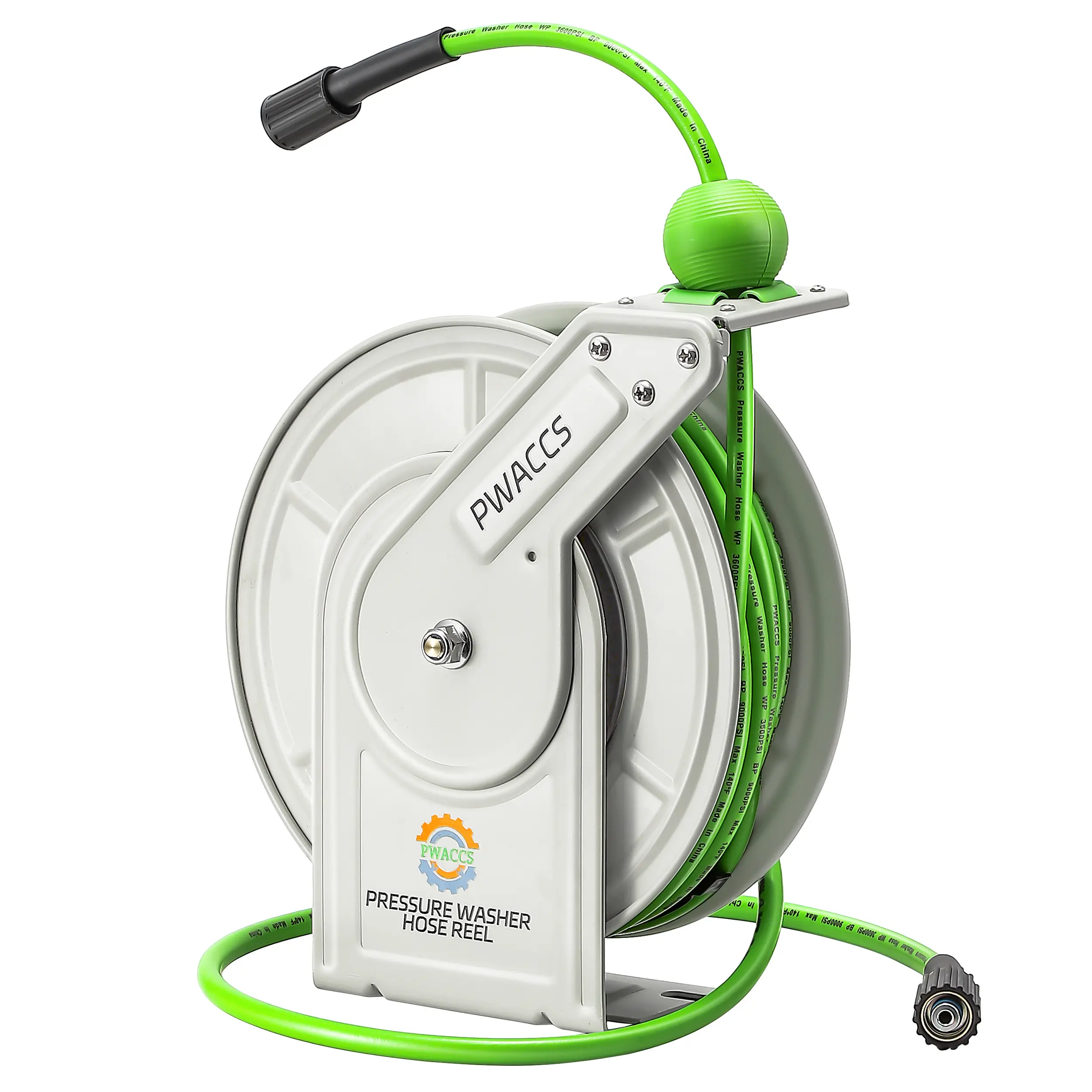 PWACCS Heavy Duty Steel Pressure Washer Hose Reel with Hose Holder, 1/4-Inch x 60ft 3600 PSI, Wall Mount Bracket, Frictionless Rollers, Outdoor Residential Vehicle & Patio Cleaning