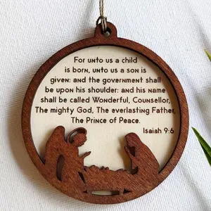 Wood Isaiah 9:6 Nativity Ornament with Engraved Scripture and Silhouette Design for Holiday Decor