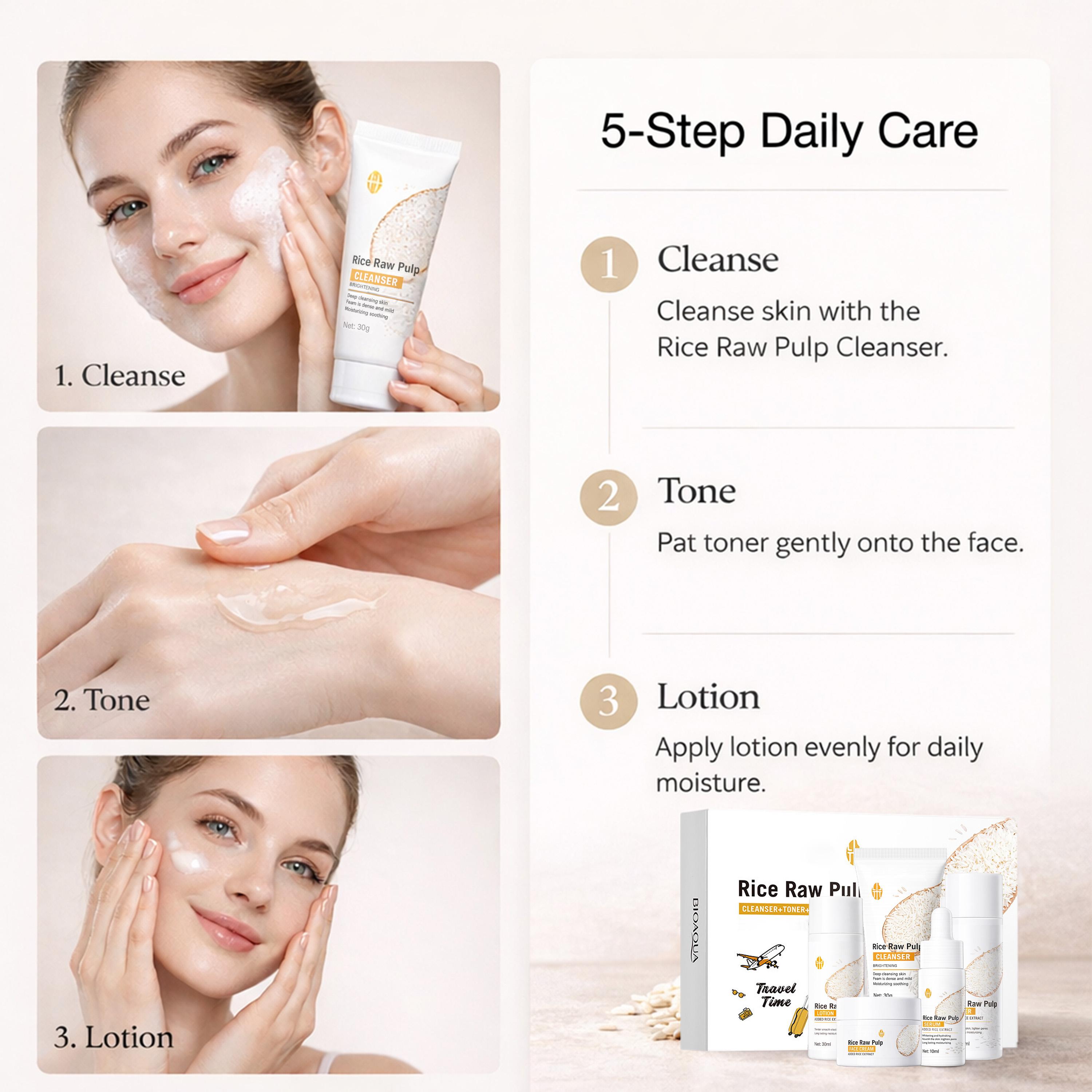 Rice Raw Pulp Travel 5-Piece Set Cleanser Toner Serum Lotion Face Cream Daily Hydration Gentle Care Starter Set for Facial Care Rice Raw Pulp Travel 5-Piece Set Cleanser Toner Serum Lotion Face Cream Daily Hydration Gentle Care Starter Set for Facial Care