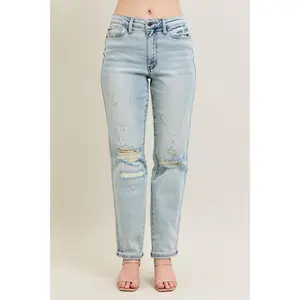 Judy Blue Mid Rise Repair Stitch Detail Destroy Single Cuff Boyfriend Denim Jeans 88972 Fit Soft