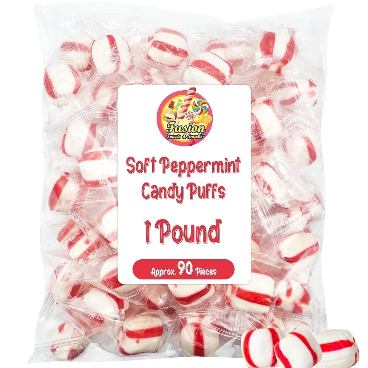 Soft Peppermint Puff Candy - 1 Pound Bag - Individually Wrapped Soft Mints Peppermint Puffs