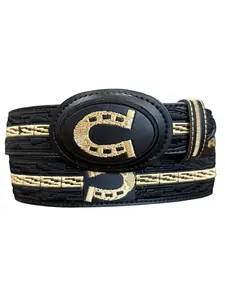 Horseshoe Embroidered Western Style Black Leather Belt Cinto Negro Vaquero Bordado de Piel con Herradura