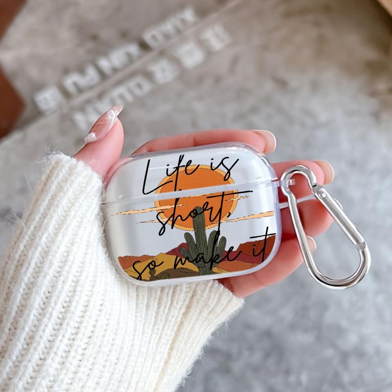 Cactus and Sundown Pattern TPU Soft Protective Case for Apple AirPods 4/3/2/1/Pro/Pro2 Transparent Earphone Cover with Keychain Attachment