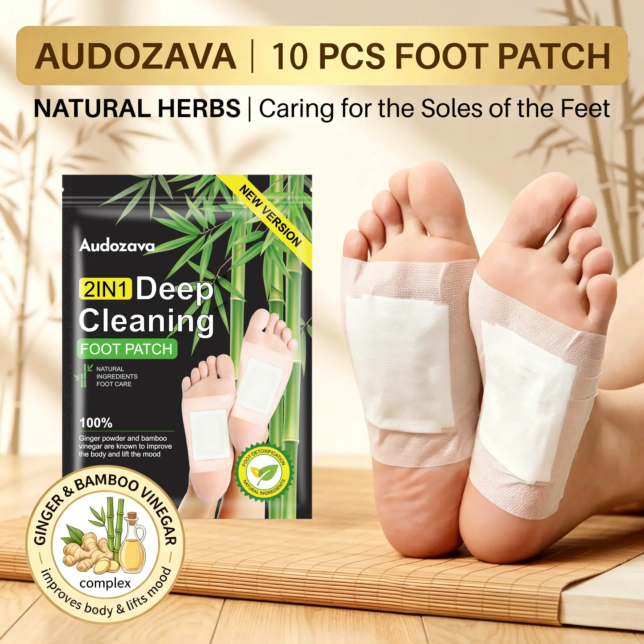 Ginger & Bamboo Vinegar Overnight Foot Care Patches, Easy-to-Use Adhesive Foot Pads, 10 PCS Foot Skin Care Powder Patches, Foot Masks
